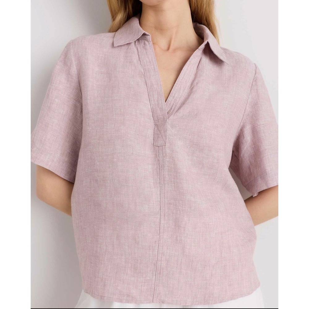 Quince 100% European Linen Short Sleeve Popover Top Vintage Pink Chambray XL NWT